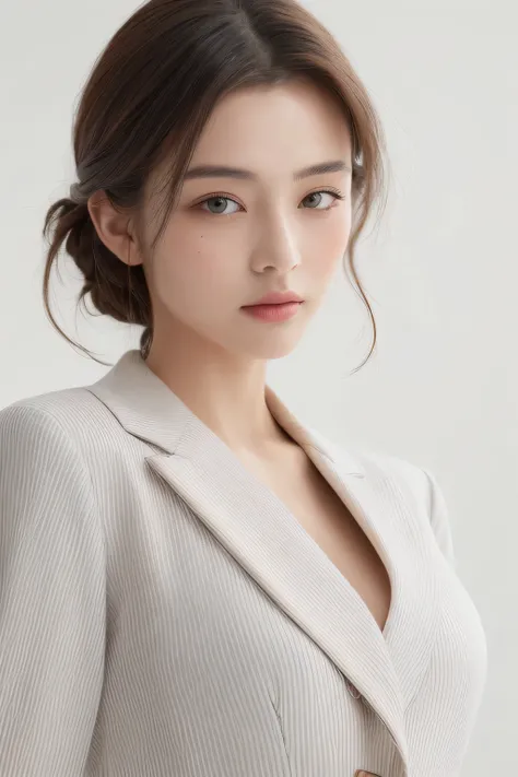 ((highest quality、8K、masterpiece:1.3))、sharp focus:1.2、beautiful woman with perfect figure:1.4、thin abs:1.2、((layer cut、huge tit:1.2))、(Blazer button-up shirt on very light white background:1.1)、street:1.2、Highly detailed face and skin texture、fine eyes、do...