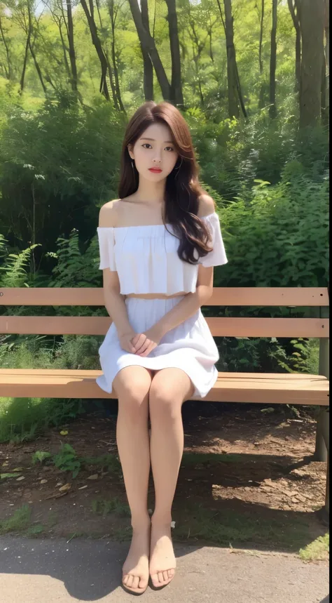 (During the day, need, 8k, masterpiece:1.3)), Full body female love, long legs, focus:1.2, Beautiful woman with perfect body:1.4, slim abs:1.1, ((dark brown hair, big:1.2 )), (shift dress，,seat:1.2,), ((Urban Forest Park,seat :1.3)), Highly detailed facial...