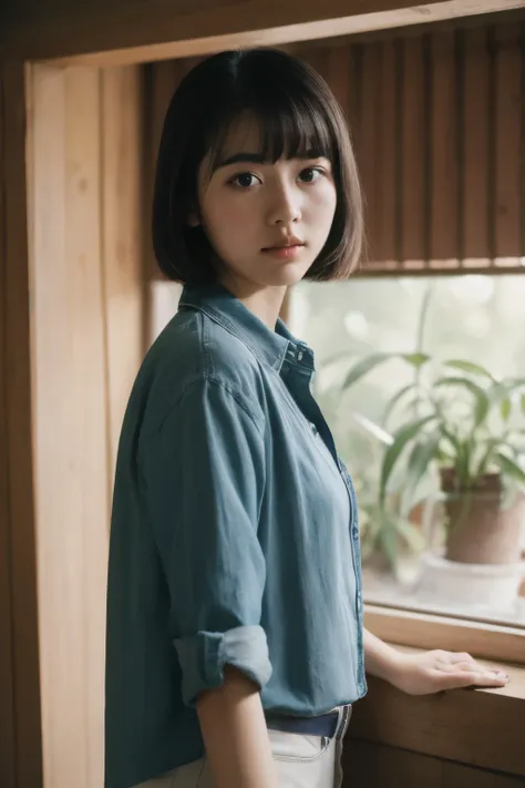 35mm vintage film, 
blurry_background, rays, 
portrait, A 18 year old Girl, casual shirt, 
bangs cut hair,  wasteland house, indoor, plant, rim light, 