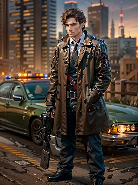 (((pixel-perfect, detail-perfect))), 1boy, male focus, solo focus, mature adult, canadian police officer, detective, dark brown suit and tie, trenchcoat, brown hair, dark hazel eyes, ((using handgun, Glock17)), in front of a patrol cruiser, toronto city ba...