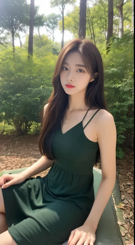 (During the day, need, 8k, masterpiece:1.3)), Full body female love, long legs, focus:1.2, Beautiful woman with perfect body:1.4, slim abs:1.1, ((dark brown hair, big:1.2 )), (shift dress，,seat:1.2,), ((Urban Forest Park,seat :1.3)), Highly detailed facial...