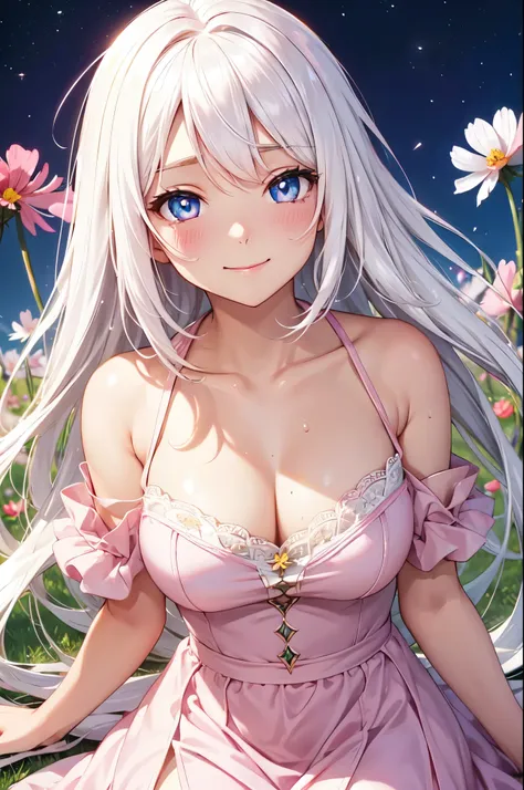 (High quality, High resolution, Fine details), (Cosmos flower field:1.2), solo, BREAK (Pink Dress:1.2), curvy women, BREAK (white hair), sparkling eyes, (Detailed eyes:1.2), smile, blush, Sweat, Oily skin, shallow depth of field, soft lighting
