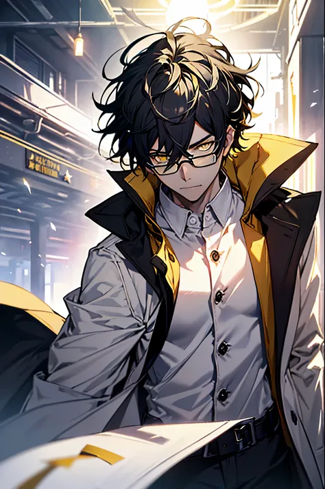 With black hair,A mischievous expression,side face,floating hair,light particles,glare,vivid,fancy,dreamlike,a dim atomshpere, ((White Shirt)) ((Black Overcoat)) ((Dark Fantasy)) ((Yellow-Eyes)) ((A Star on the Right Eye)) ((Mature)) ((man)) ((Glasses)) ((...