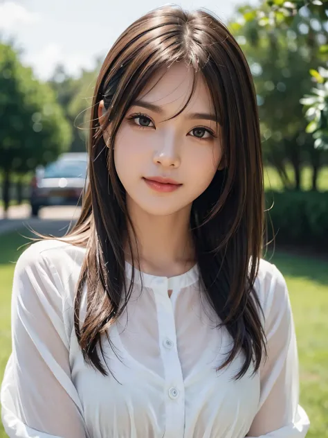 1 girl, cute, cute, gentle features、glossy lips、double eyelids in both eyes、natural makeup, smile, (eye highlights:1.2), long eyelashes are bright, medium hair, Smooth light brown hair、hair swaying in the wind, (bangs:1.2)、center image、8K、high detail、detai...