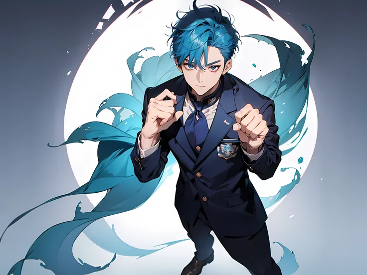 1 man, blue hair, short hair, korean school outfit, clenched fist, face to detail, detailed eyes, perfect hands, standing, the background is school yard, full-body illustration