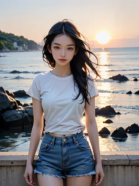 create an image of an asian woman wearing a thin white t-shirt and jeans shorts. turn to look at the viewer being on the beach, ...