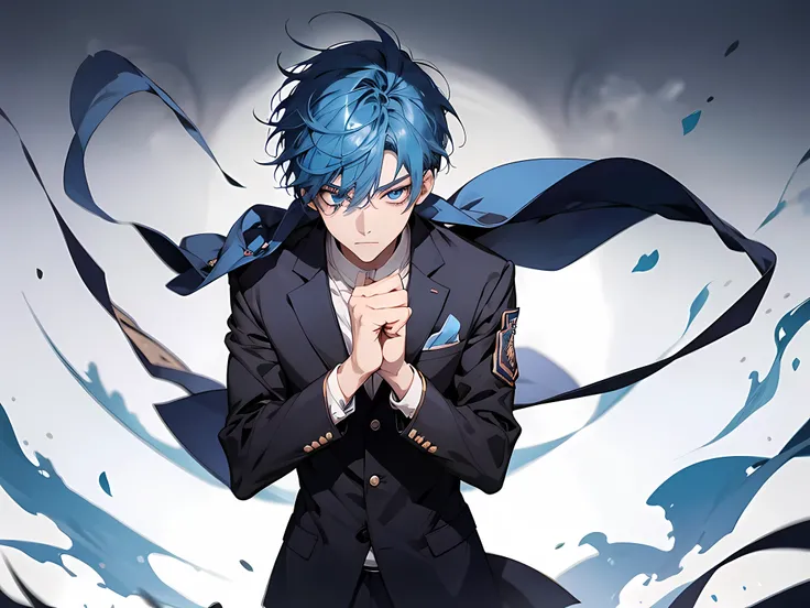 1 man, blue hair, short hair, korean school outfit, clenched fist, face to detail, detailed eyes, perfect hands, standing, the background is school yard, half-body illustration