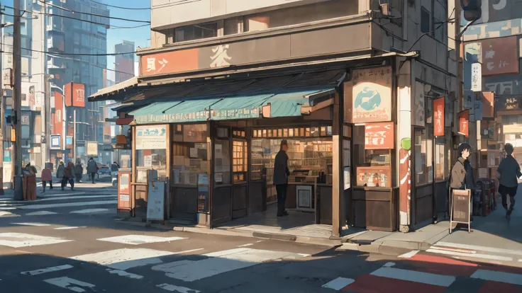 concept art, landscape scene,  architecture, outdoor, symbol, City, road, street, road，symbol, crosswalks, Cityscape, shadow，shop，Two-dimensional style，Japanese animation style