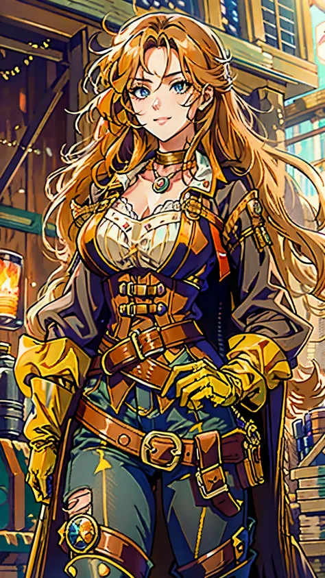 A beautiful woman with flowing orange long hair, exquisite facial features, a playful smile, confident eyes, a tall figure, a two-piece fantasy-style pirate robe coat, yellow as the main color, complemented by red accents, long wrist guard gloves on her ha...