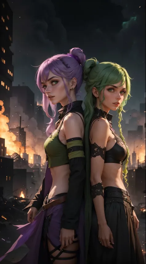 melhor qualidade, realista. 2 MULHERES, one with lilac hair/roxo. A outra garota tem cabelos verdes/verde. They are in the middle of a burning city, it&#39;s night