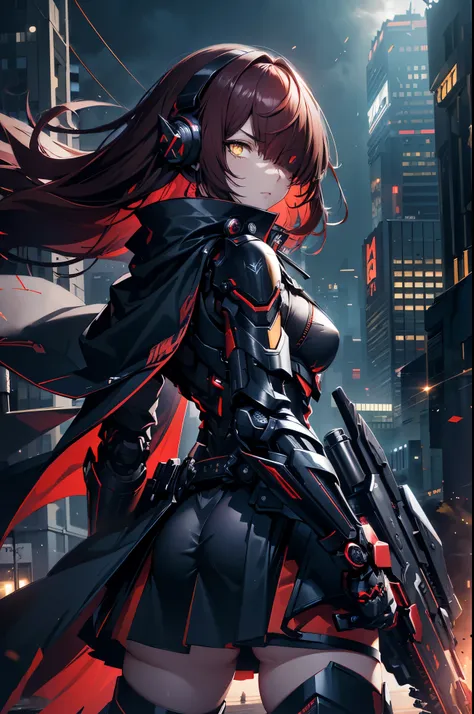 tactical night ninja girl, ((yellow eyes)), ((long blunt dark red hair)), (((bangs covering over one eye))), (mechanical headpho...