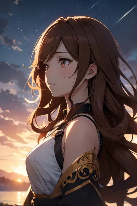 Anime style, 1womanl, brown haired, Wavy shoulder-length hair, full bodyesbian, looking away from camera, Looking up at the sky, Calm, Soft dramatic lighting, depth of fields, Bokeh, vibrant detail, hyper realisitic,