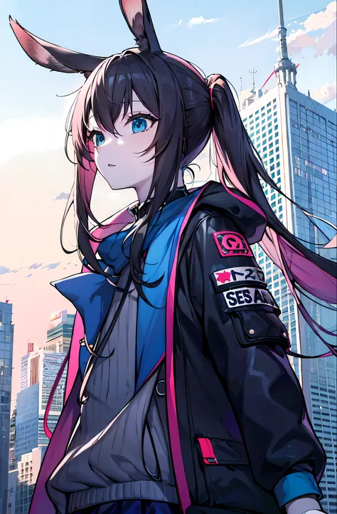 detailed, (masterpiece:1.2), (pale_skin:1.2), (solo:1.2), (female), (emphasis lines:1.3), slender, (brunette), outdoors, sky, blue eyes, dystopia, jacket, long hair, bunny_ears, thighhighs, skirts