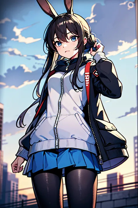 detailed, (masterpiece:1.2), (pale_skin:1.2), (solo:1.2), (female), (emphasis lines:1.3), slender, (brunette), outdoors, sky, blue eyes, dystopia, jacket, long hair, bunny_ears, thighhighs, skirts