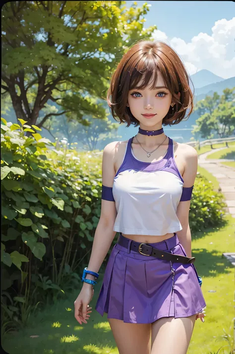 masterpiece, best quality, highres, aakairi, short hair, blue eyes, necklace, choker, tank top, white shirt, armband, wristband, midriff, purple belt, purple skirt, cowboy shot, standing, outdoors, smile