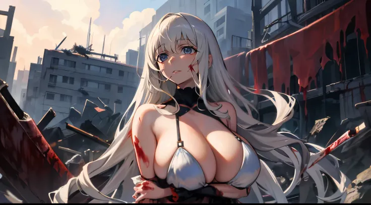 original character,alone,1 girl，beauty girl, Silver-haired beauty, long hair, huge tit, ruins, Blood　,inflammation, cigarettes, Character half aside