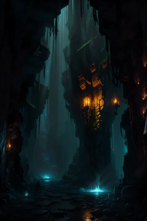 In the heart of a hiddenunderground lair, (best quality, highres, ultra-detailed), the atmosphere is one of mystery and eeriness, (torch-lit, dimly lit), with dripping water and damp walls that seem to tell a story of their own, (labyrinthine network of pa...