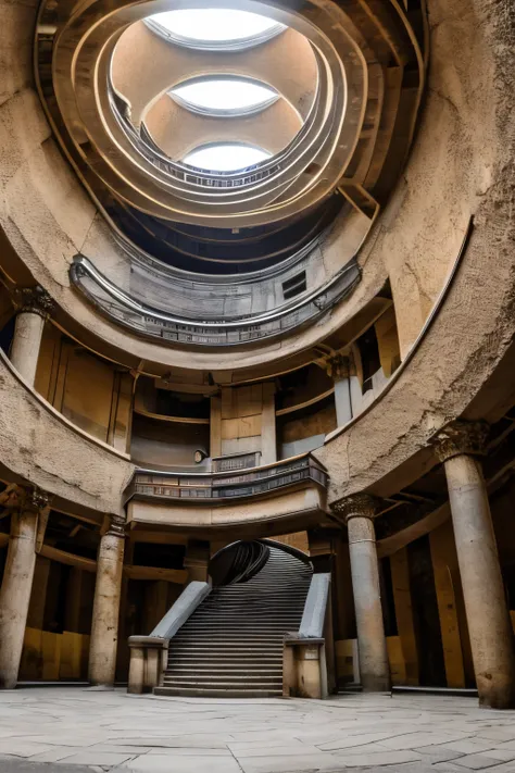 best quality, 32k, RAW photo, incredibly absurdres, extremely detailed, a pit with a large and deep spiral staircase, a huge outer drainage channel deep underground in the city center, and many cylindrical pillars