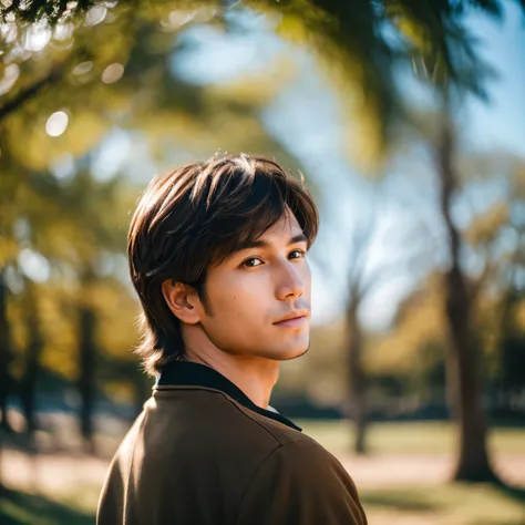 Handsome man 25-35 years old, at the park, mullet, brown hair, close, Satellite Imagery, Backlight, UHD, high quality, 最high quality, High resolution, 8K, 16k