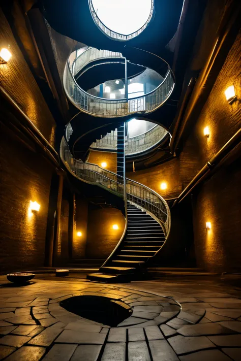 best quality, 32k, RAW photo, incredibly absurdres, extremely detailed, a pit with a large and deep spiral staircase, a huge outer drainage channel deep underground in the city center, and many cylindrical pillars, dim