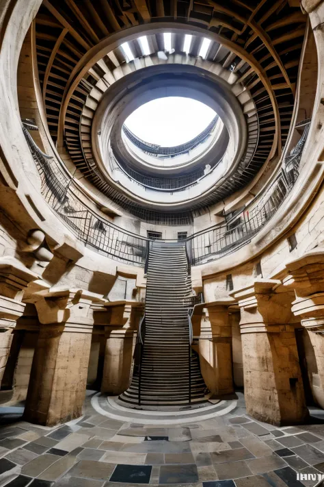 best quality, 32k, RAW photo, incredibly absurdres, extremely detailed, a pit with a large and deep spiral staircase, a huge outer drainage channel deep underground in the city center, and many cylindrical pillars, dim