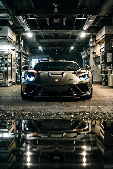 The best car of all time of a super car hybrid of black Ferrari and red Lamborghini with reflection in the water, al estilo de representaciones realistas e hiperdetalladas, elegancia glamorosa, 32k uhd, cobra, bokeh, bronce claro y plateado, leo putz