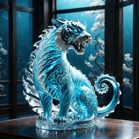 Empty room with dragons and tigers on display, RococoStyle, Crystal nuclei, Realistic light depiction, interesting and complex, light blue, hidden academia, World pattern,The body of the vase is illuminated by light, RococoStyle, futuristic elements, Cryst...