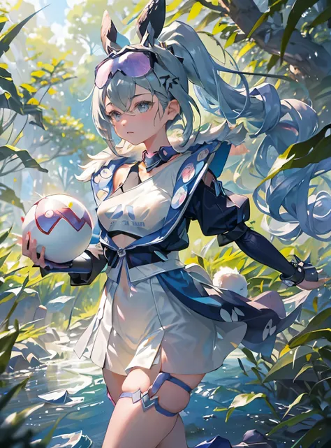 standing in a lush、the entrance to the vibrant forest，sunlight shines through the dense leaves above。 her anime-esque features a...