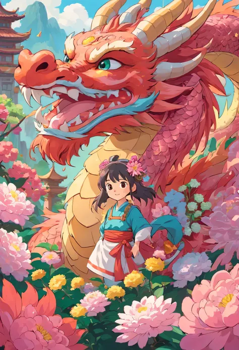 Cute Chinese dragon and flowers，front，festive，pink，cartoon