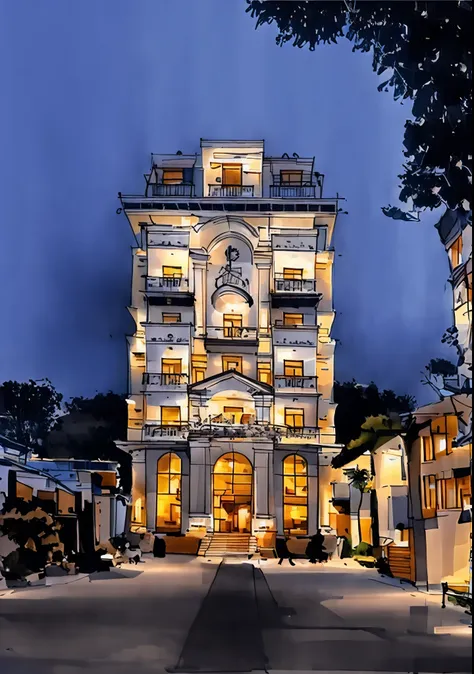 A hotel with classical style with a hill behind, morning, daytime, sunnyday, elegent metarial,