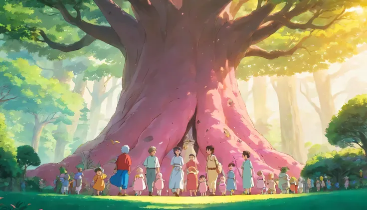 a baby, in front of a big tree, cercado por pessoas de pele rosada, sol brilhar, dia, Estilo de anime dos anos 90