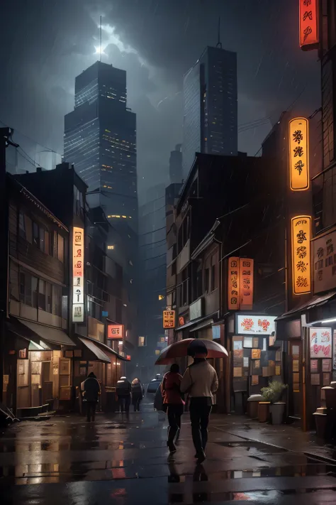 downtown japan，There are many lights on the building，Surreal photos of small towns，old asian village，(in the background, light from city windows&#39;Skyscraper:1.2)，Raymond Han，Rainy night, cyberpunk ancient chinese castle, Bright building, Late afternoon，...