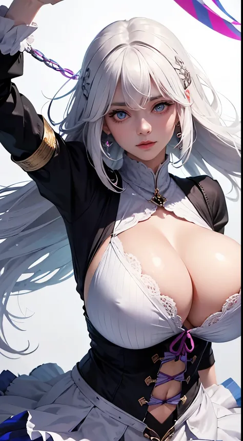 girl, ((huge breasts)), white hair, Colorful clothes, Colorful pattern, Look at the camera, big eyes, beautiful pupils, upper part of body, abdominal muscles