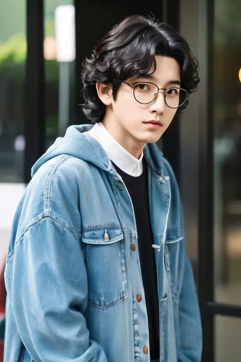 Black hair center parted perm hairstyle　Handsome man with droopy eyes wearing large glasses in casual clothes