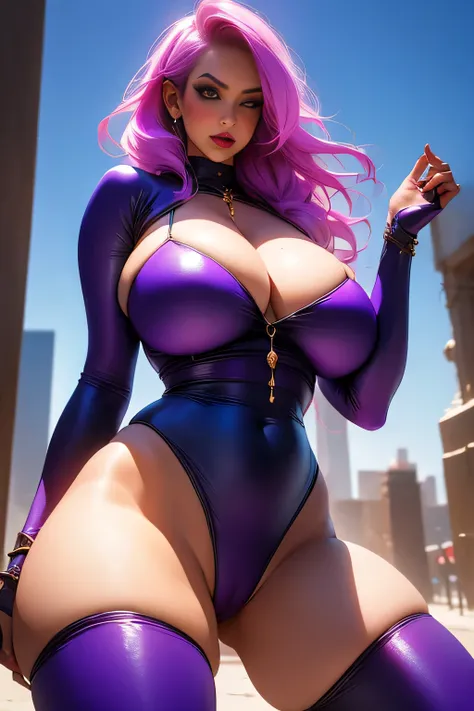 Low angle view (strong colour contrast) painting of A busty 40 year old woman dressed as a chicago hooker / cosplay / flat background / / huge breasts / pokies / thin waist / wearing tight fishnet body suit , thigh high boots / natural pose/ natural pose /...