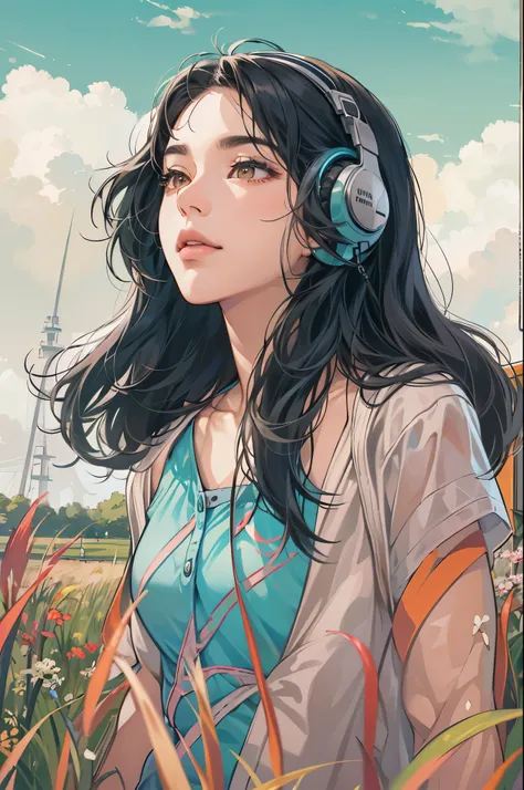 (absurdres, highres, ultra detailed, realistic, ), 1 18year-old，girl, solo, elegance， long black hair,  brown eyes, earphone，blue sky and grass background, ultra - detailed, best quality, Detailed diagram, vectorized, 8K,  Graphic design, vector lines, Ful...