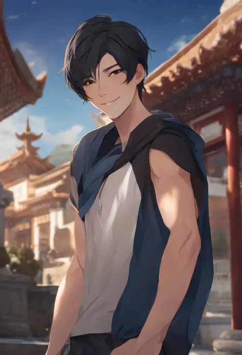 skinny　male　muscular　background blue　short hair　black hair　Asian　kind　smile a little