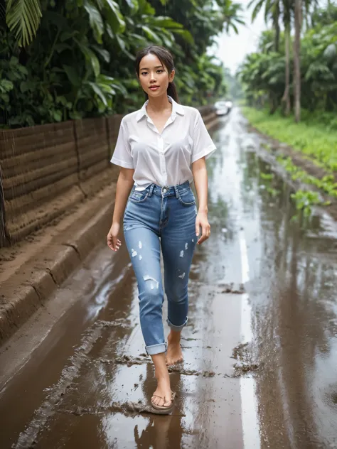 prompt : it was raining, the road was wet, there was mud on the road. along the side of the road there are banana trees, rice fi...