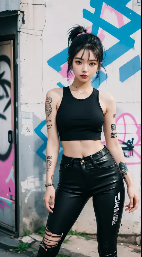 best quality, Clarity, 4k, 8k, detail, actual, Beautiful Girl, Korean makeup, black lips, pink and blue medium mullet hair, Perfect body, full tattoo on body, stand, pose standing, medium chest, tank top, black legging Pants, Solid graffiti wall background...