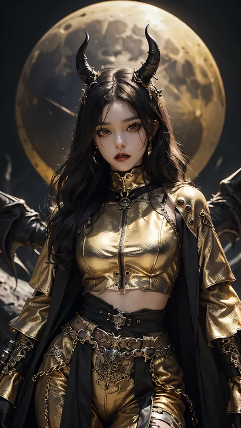 8K, ultra HD, very detailed, masterpiece, 1 girl, good face, dark eyes, dark lips, medium beasts, (detailed metal outfit:1.5), (devil outfit), (golden outfit:1.5) care waist, darkness, moon background, scary scenery,