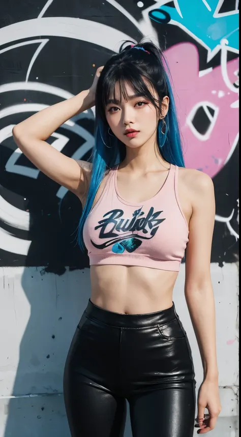 best quality, Clarity, 4k, 8k, detail, actual, Beautiful Girl, Korean makeup, black lips, pink and blue medium mullet hair, Perfect six pack body, full tattoo on body, stand, pose standing, medium chest, tank top, black legging Pants, holding m4a1, Solid g...