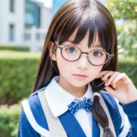 glasses and colored contacts、An elementary school girl with stylish white skin