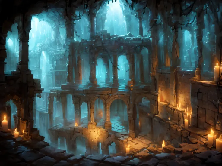 an eerie underground labyrinth, dimly lit tunnels, mysterious hidden chambers, ancient artifacts, secret passages, flickering torches, damp walls and floors, dripping water, echoes of footsteps, a sense of mystery and intrigue, underground rivers, stalacti...