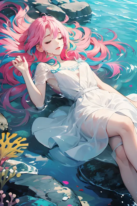 （（upscale，16k，masterpiece：1.3）），（beautiful woman，，Sleep at the bottom of the sea，dark ocean landscape，white dress），pink and green，colorful，flowing hair，(high saturation),(colorful splash),Colorful bubbles,(shining)，Lying on a large rock
