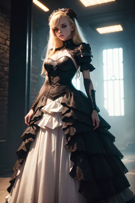 Blonble Cyborg gothic girl with cyberpunk wedding dress