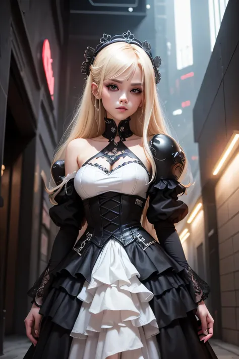 Blonble Cyborg gothic girl with cyberpunk wedding dress