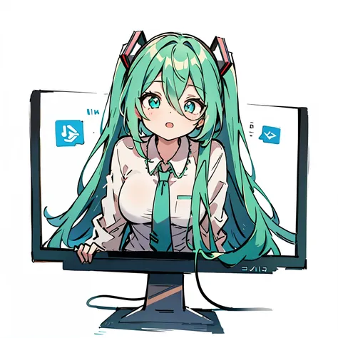 through screen, stuck, monitor, 1girl, breasts, solo,hatsune miku, looking at viewer, hair between eyes, shirt, very long hair, ...