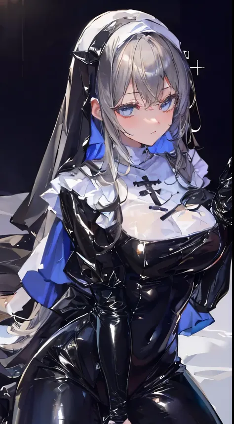 ((hypnotized girl)), blue big hypnotic eyes,  1  and slender woman, considerably enlarged breasts,   ((Gray hair)),((unkempt long hair,)),In 8K, top quality, (highly detailed head: 1.0), (very detailed face: 1.0), (highly detailed hair: 1.0),((nun black co...