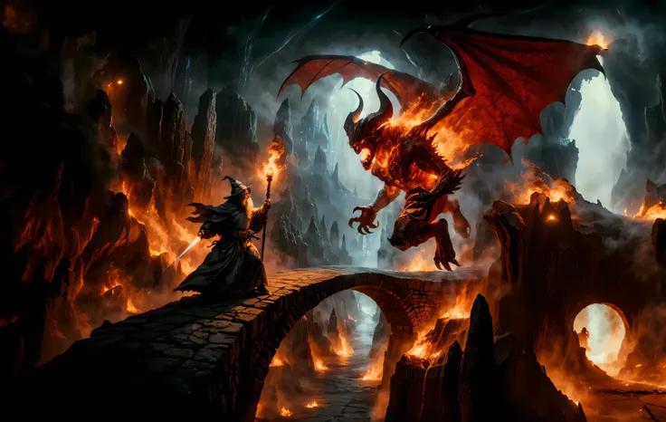 batalha entre gandalf e o balrog. fogo, magia, cavernas, realista , foto, action