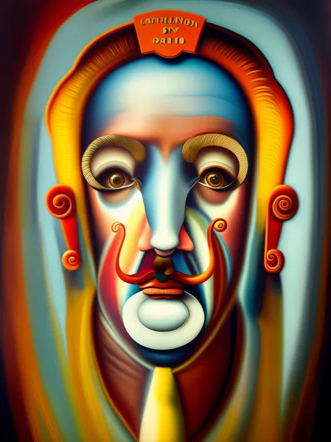 the painting is of a man with a mustache、man with mustache in mouth,goat facial features, inspired by salvador dali, dali style,...